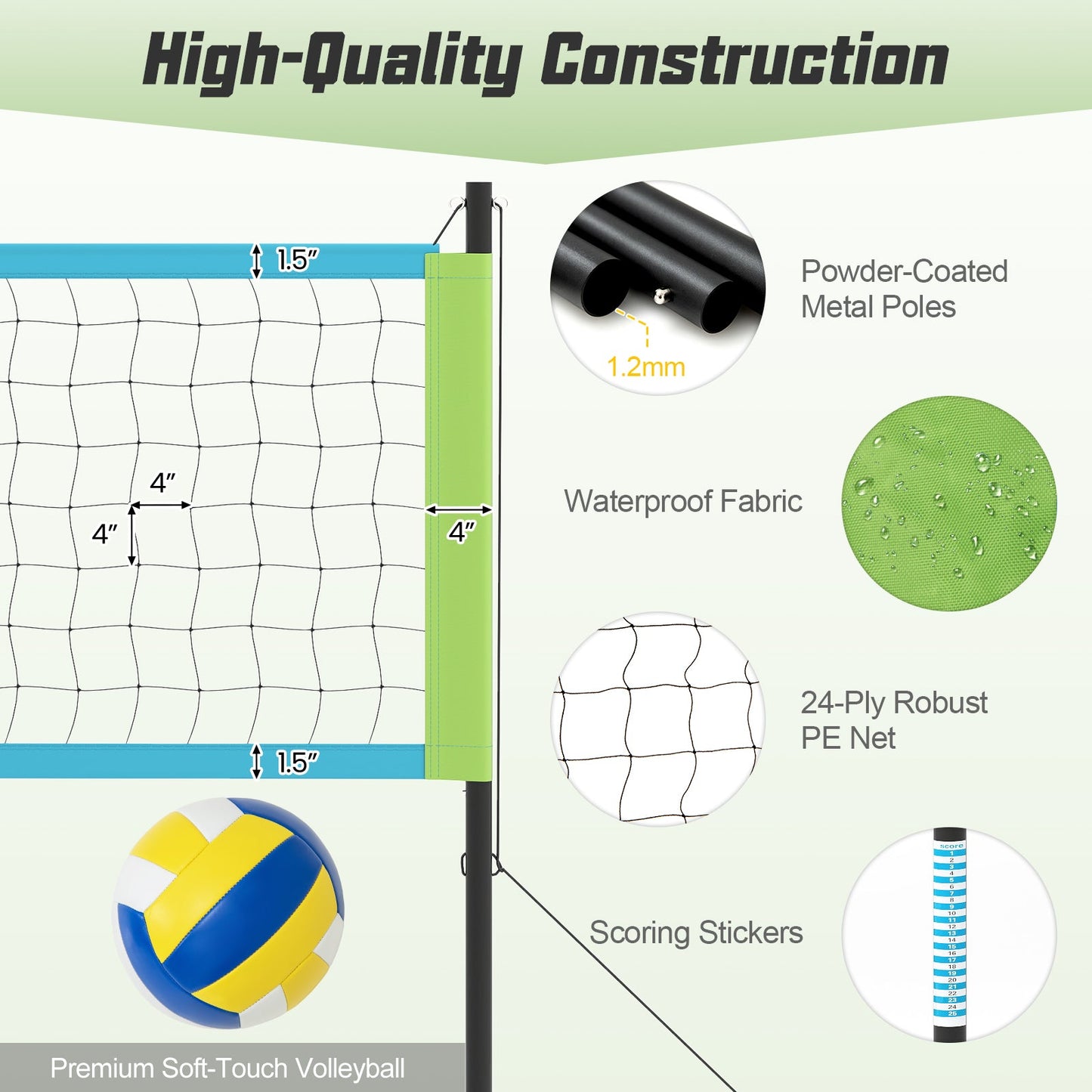 Portable Outdoor Volleyball Net Set Heavy-Duty Volleyball Net System