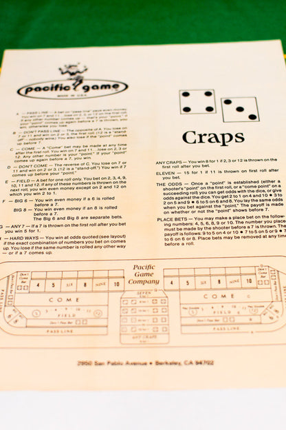 Pacific Gaming Co. Craps Game 1976 Felt Layout/Pacific 24" x 36"